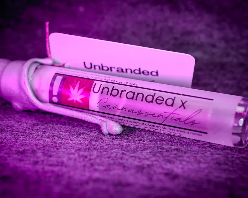 Glass product tube resting against a branded card on a textured magenta backdrop, label in sharp focus
