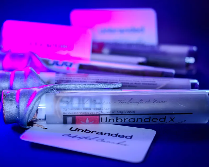 Cluster of product tubes and a white brand card under deep blue light