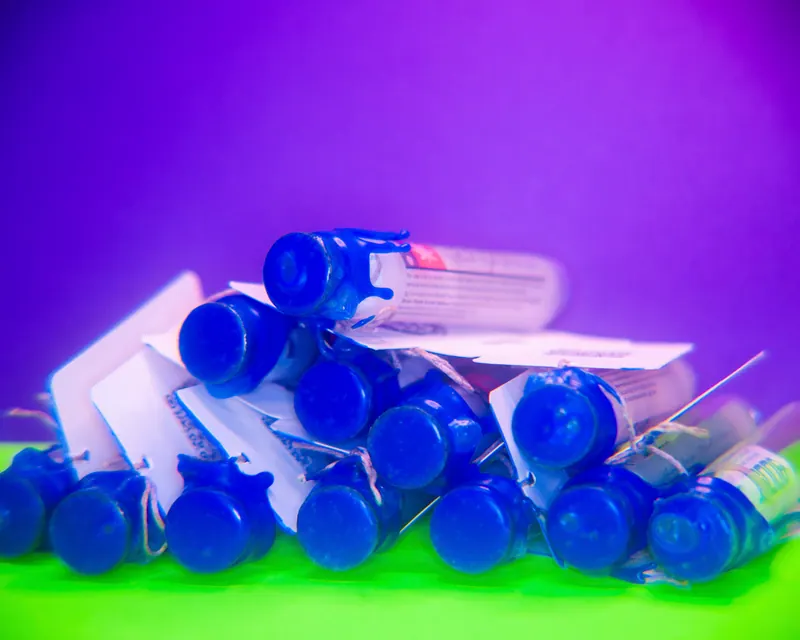 Pile of blue-capped product tubes and brand cards across a purple and green gradient
